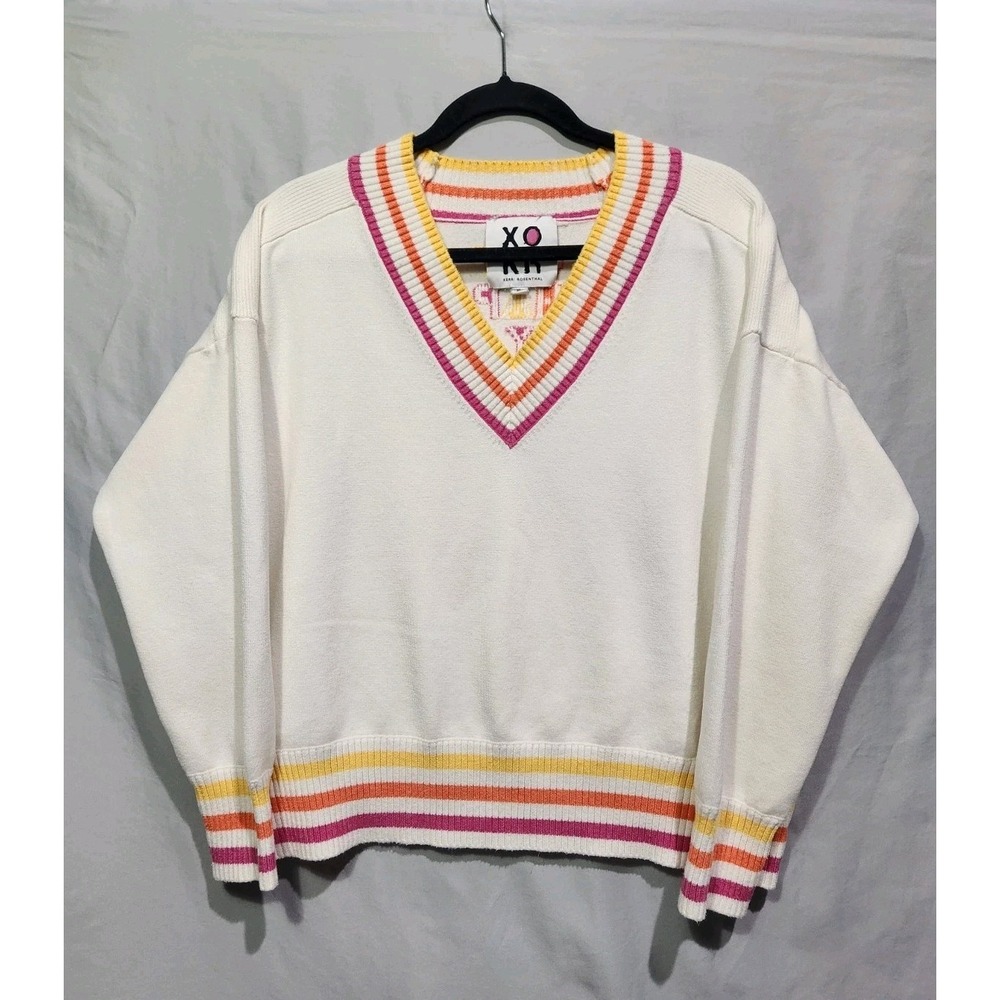 XOKR Kerri Rosenthal Get Happy Preppy V-Neck Colorful Stripe Sweater XL